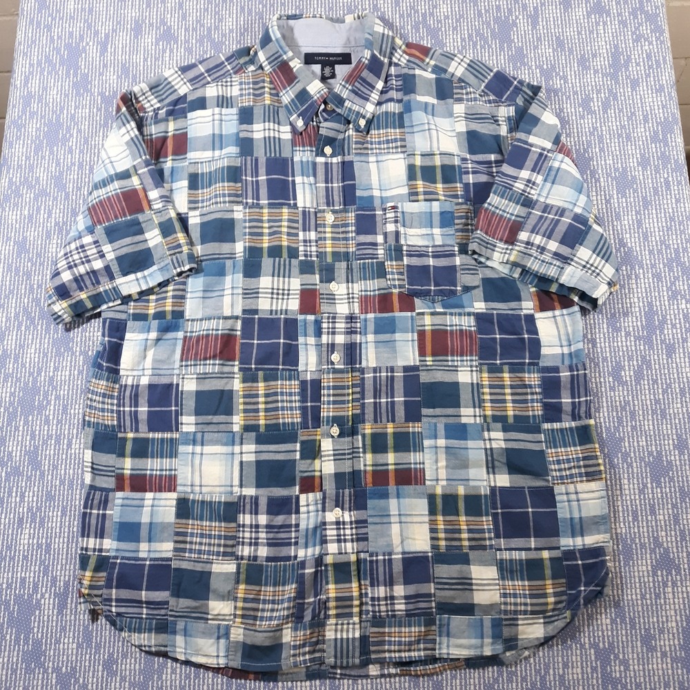 Tommy Hilfiger Madras Plaid Shirt Mens XL Short Sleeve Button Down Patchwork